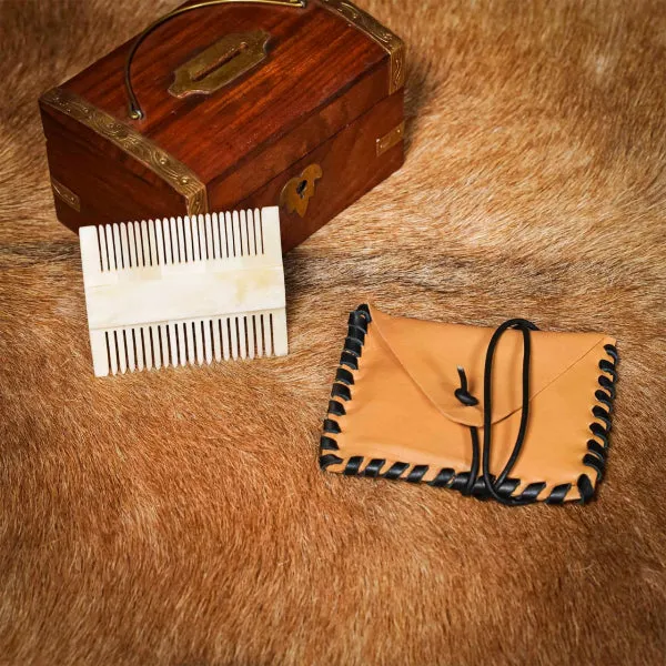 Bone Double Sided Comb with Leather Case