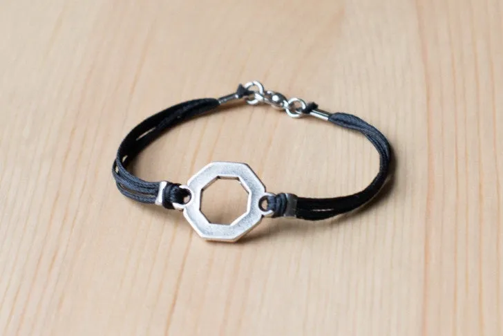 Bracelet for men, silver hexagon charm bracelet for him, black cord, fathers day gift