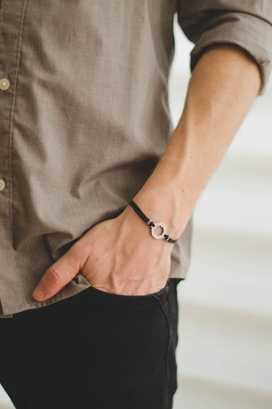 Bracelet for men, silver hexagon charm bracelet for him, black cord, fathers day gift