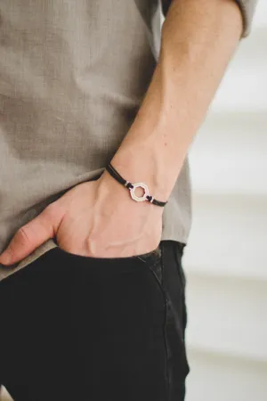 Bracelet for men, silver hexagon charm bracelet for him, black cord, fathers day gift