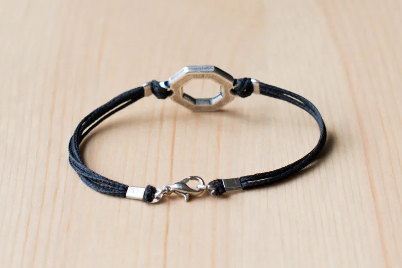 Bracelet for men, silver hexagon charm bracelet for him, black cord, fathers day gift