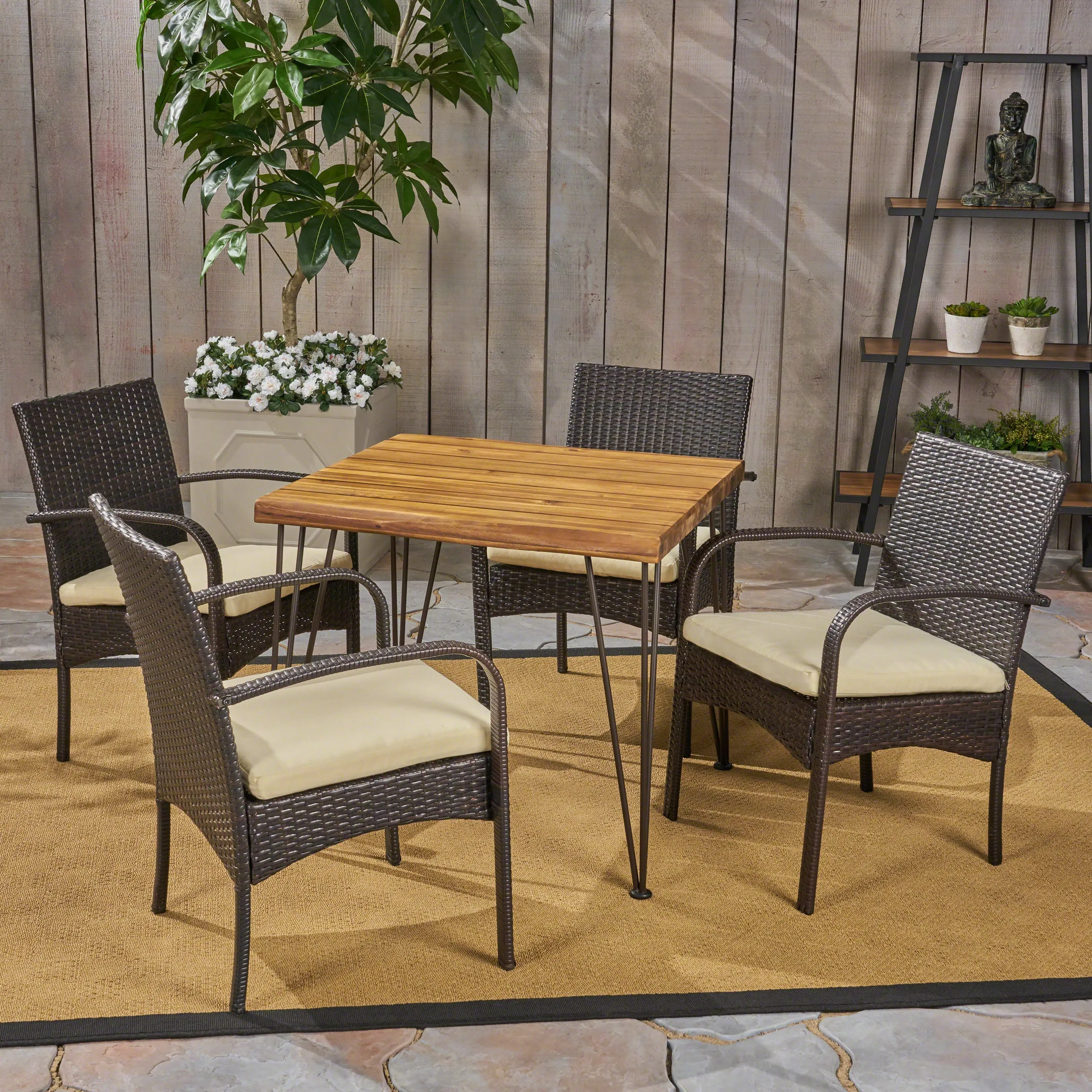 Brady Outdoor Industrial Wood and Wicker 5 Piece Square Dining Set, Teak and Multi Brown and Cr¨¨me