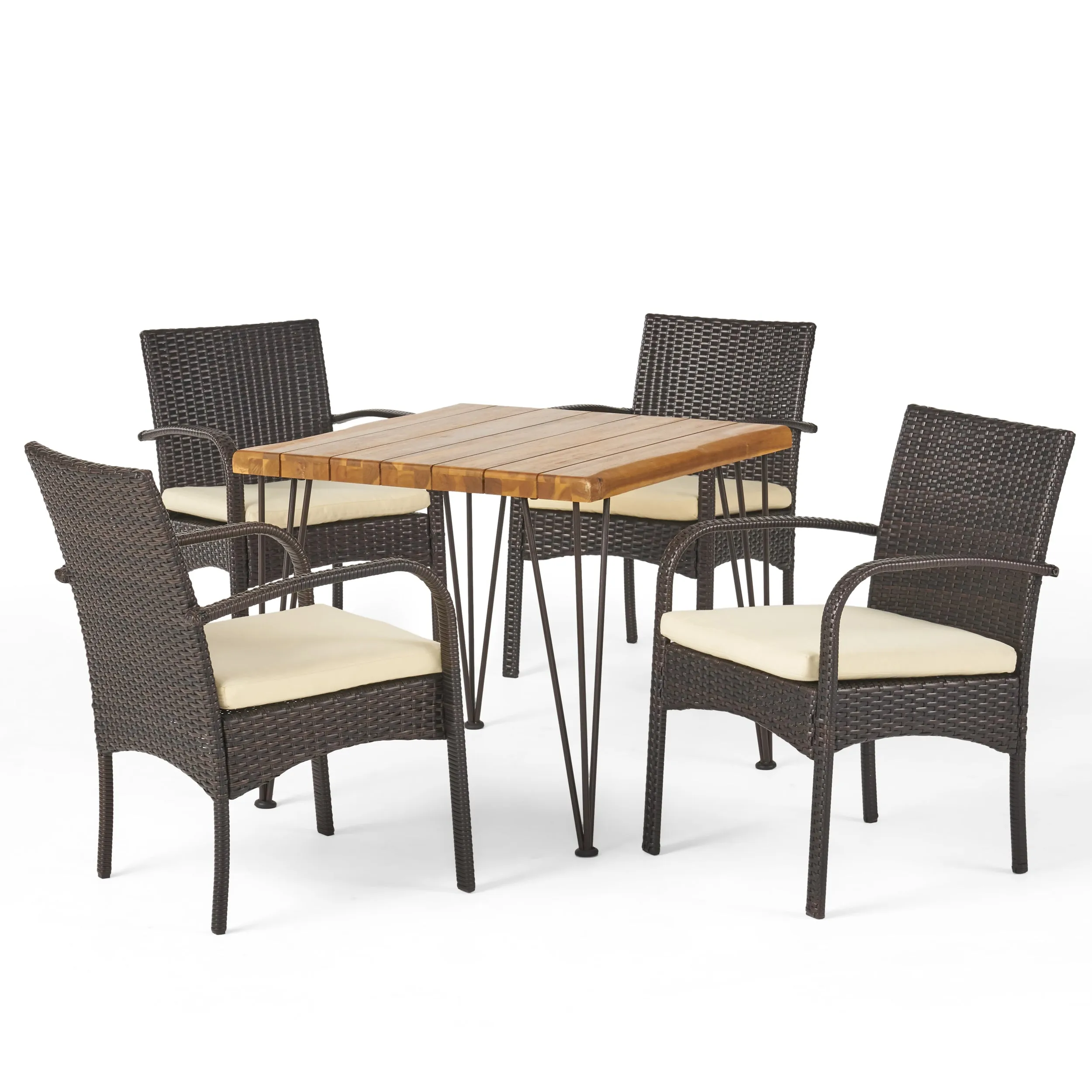 Brady Outdoor Industrial Wood and Wicker 5 Piece Square Dining Set, Teak and Multi Brown and Cr¨¨me