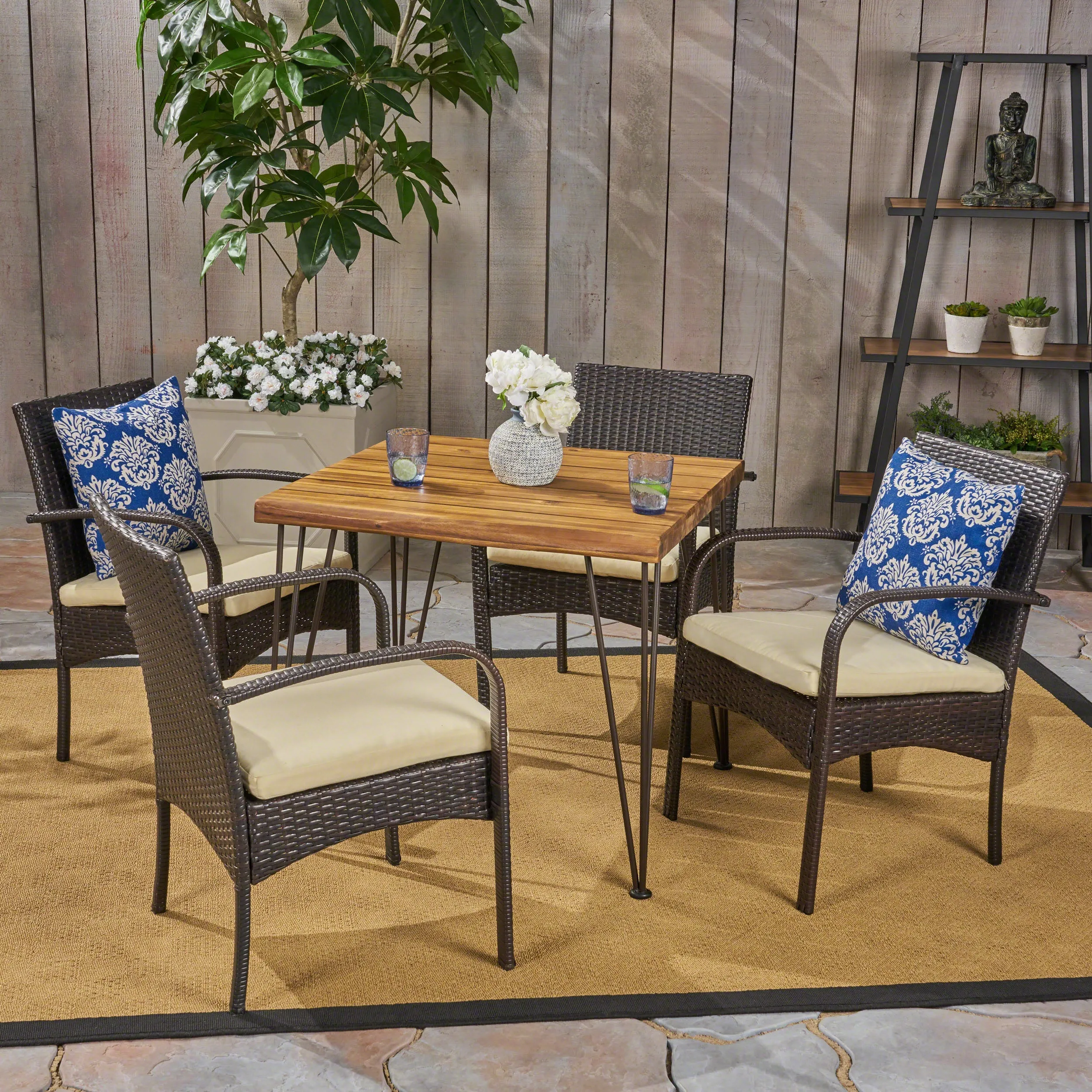 Brady Outdoor Industrial Wood and Wicker 5 Piece Square Dining Set, Teak and Multi Brown and Cr¨¨me