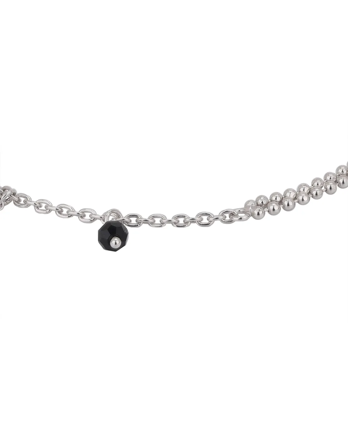 Carlton London 925 Sterling Silver Rhodium Plated Silver Toned Black Beaded Multi-Stranded Anklet For Women