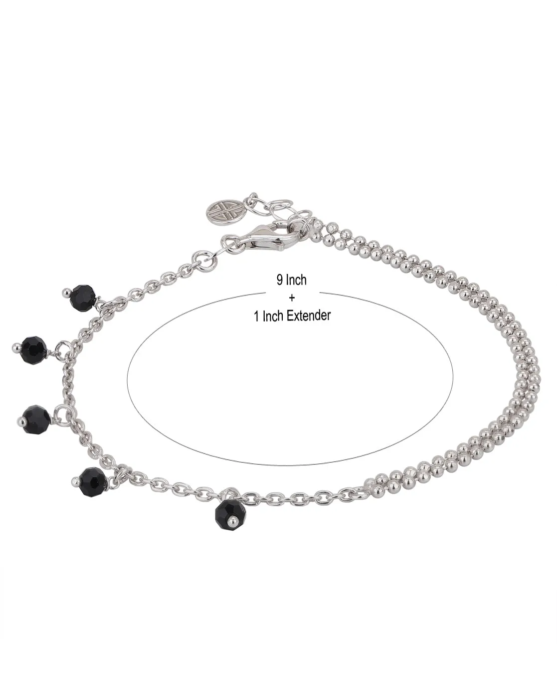 Carlton London 925 Sterling Silver Rhodium Plated Silver Toned Black Beaded Multi-Stranded Anklet For Women