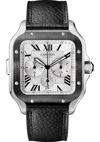 Cartier Santos de Cartier Watch - 43.3mm Steel Case - Satin Silver Dial - Both Bracelet - First Rubber Strap and Second Black Grained Calfskin Strap - WSSA0052