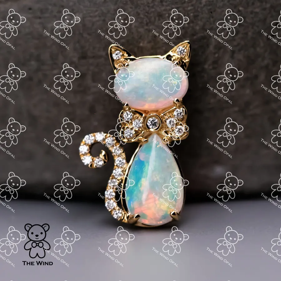 Cat Australian Solid Opal & Diamond Pendant Necklace 14k Yellow Gold