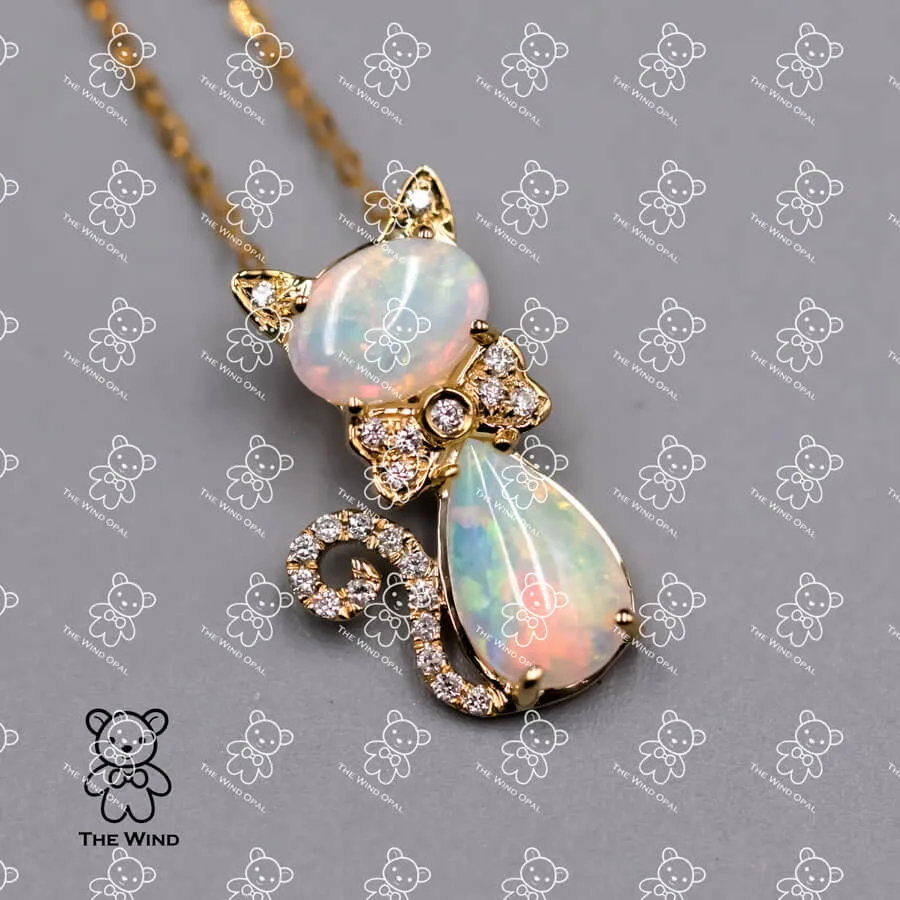 Cat Australian Solid Opal & Diamond Pendant Necklace 14k Yellow Gold