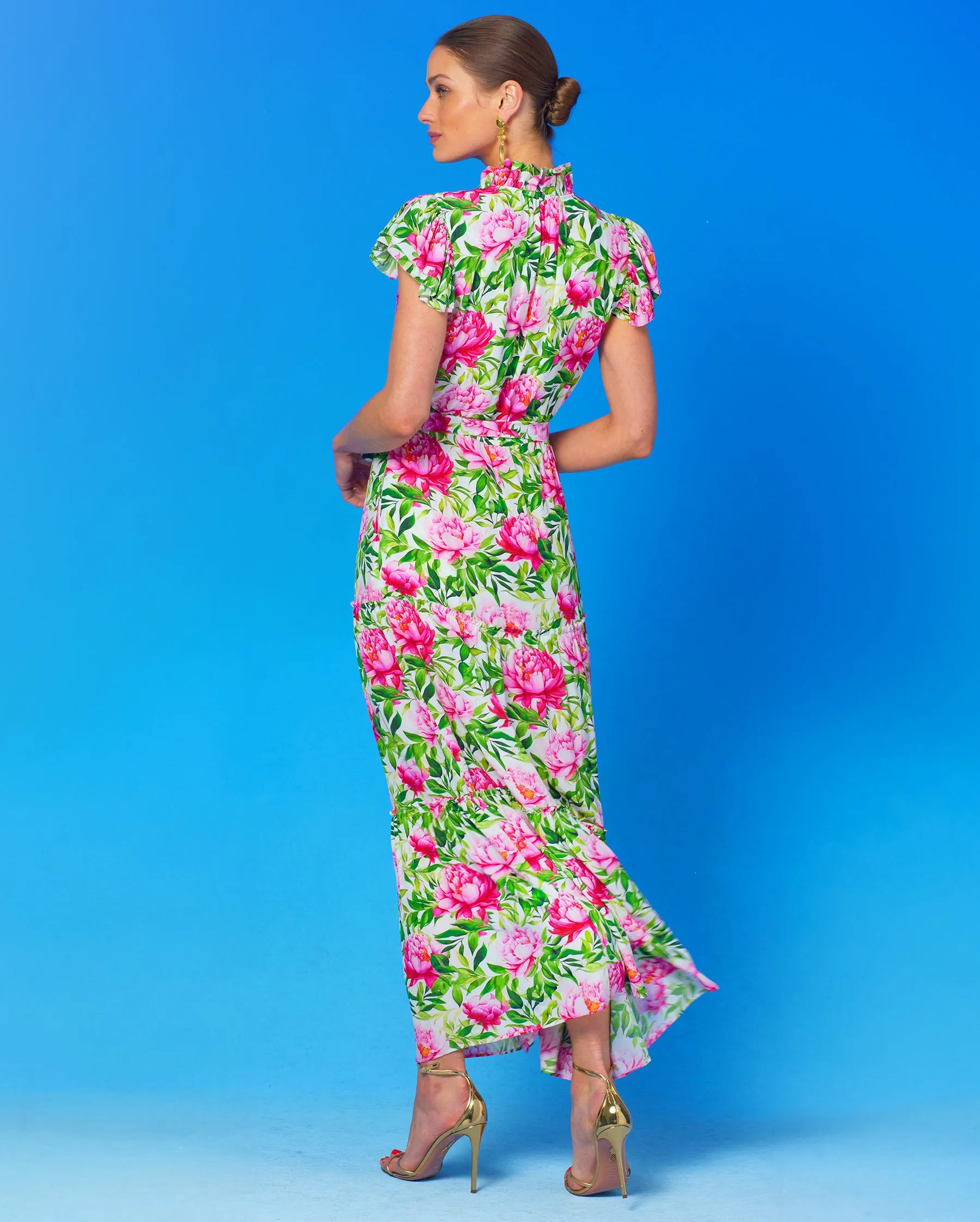 Charlotte Flutter Sleeve Maxi Dress in Peony Garden