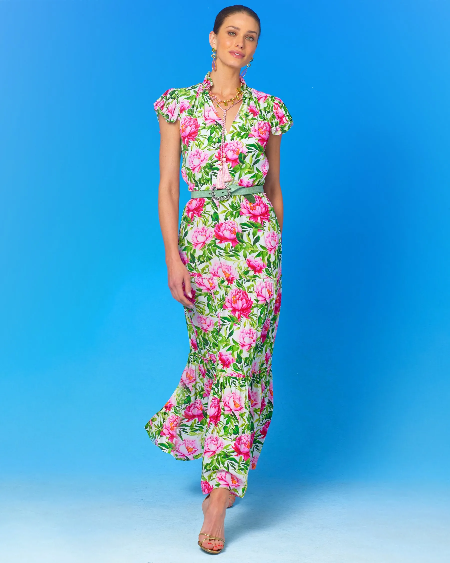 Charlotte Flutter Sleeve Maxi Dress in Peony Garden