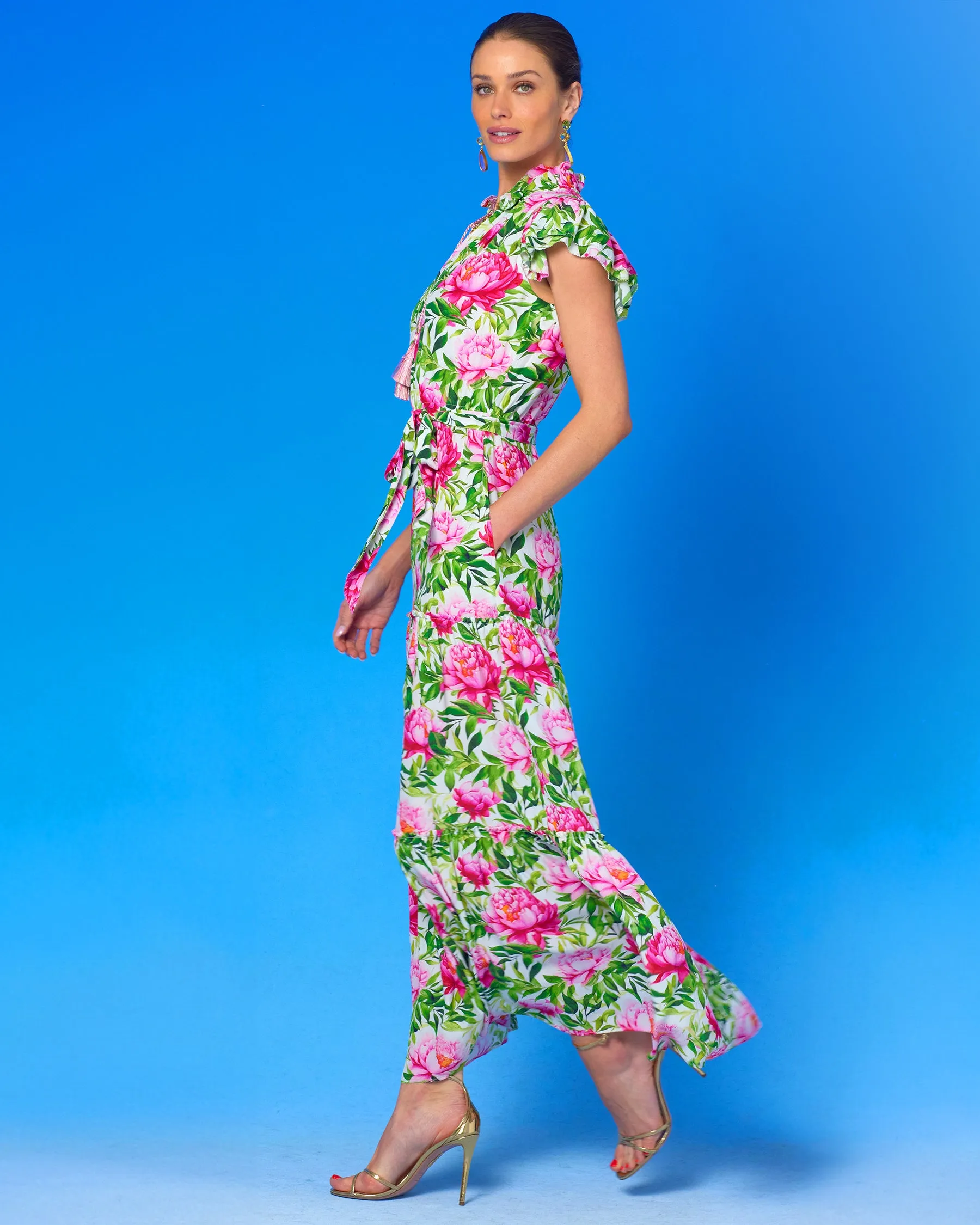 Charlotte Flutter Sleeve Maxi Dress in Peony Garden