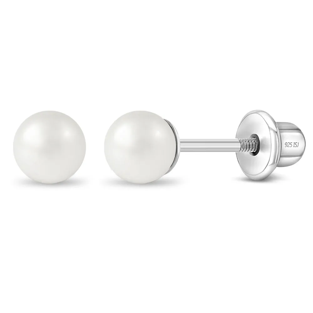 Classic Simulated Pearl White 3-5mm Kids Earrings Screw Back - Sterling Silver