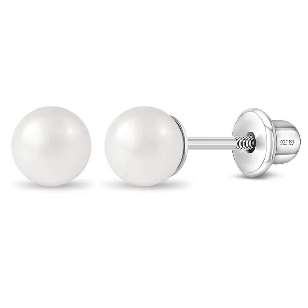 Classic Simulated Pearl White 3-5mm Kids Earrings Screw Back - Sterling Silver