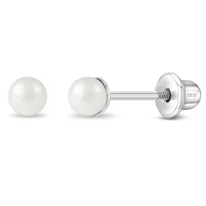 Classic Simulated Pearl White 3-5mm Kids Earrings Screw Back - Sterling Silver