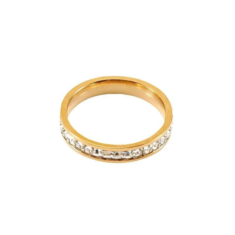 Classic Zircon Stainless Steel Band Ring with 18K Gold Plating – Elegant Wedding Band