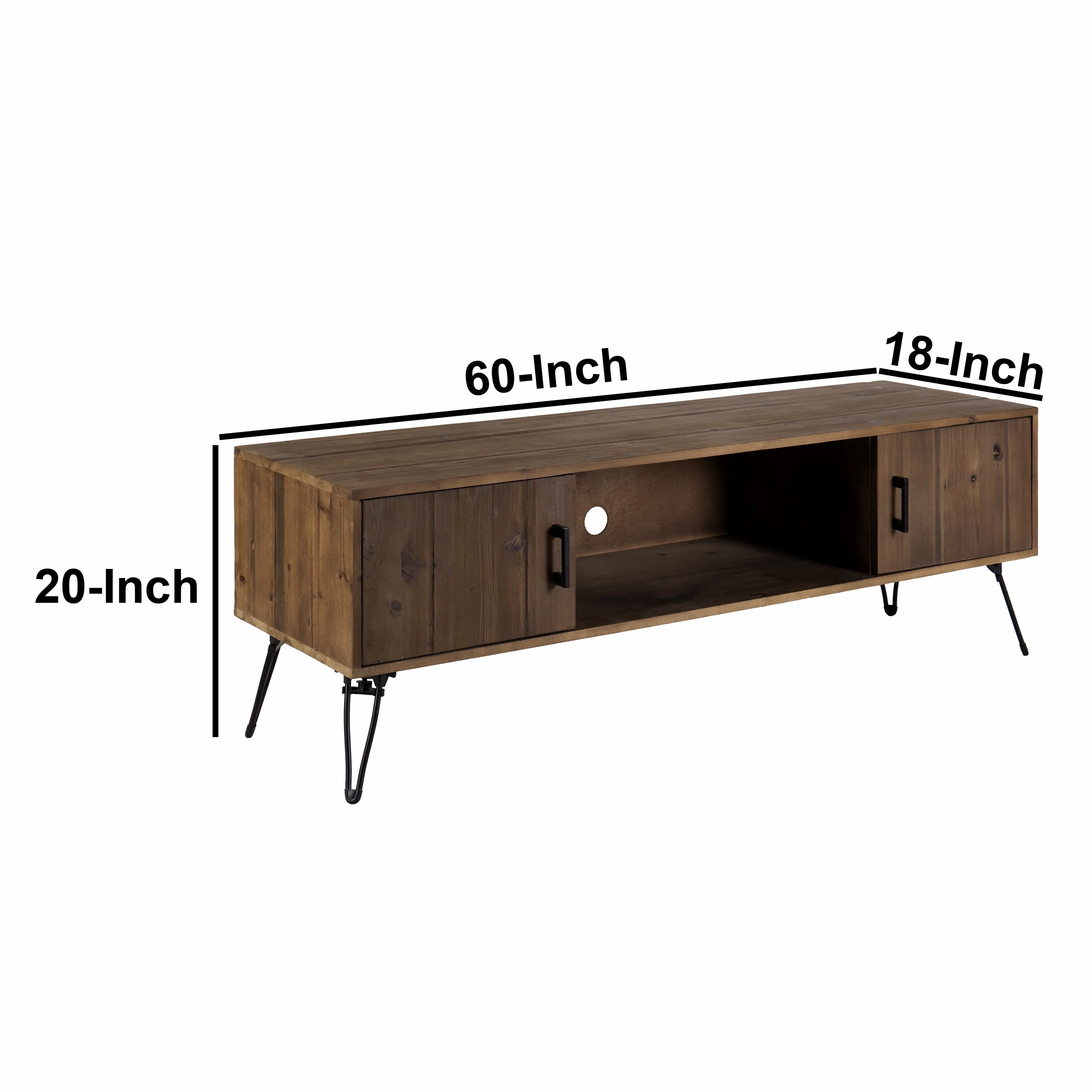 Clive 60 Inch Reclaimed Wood Rectangular Farmhouse TV Stand Media Console, 2 Doors, Iron Legs, Natural Brown By The Urban Port