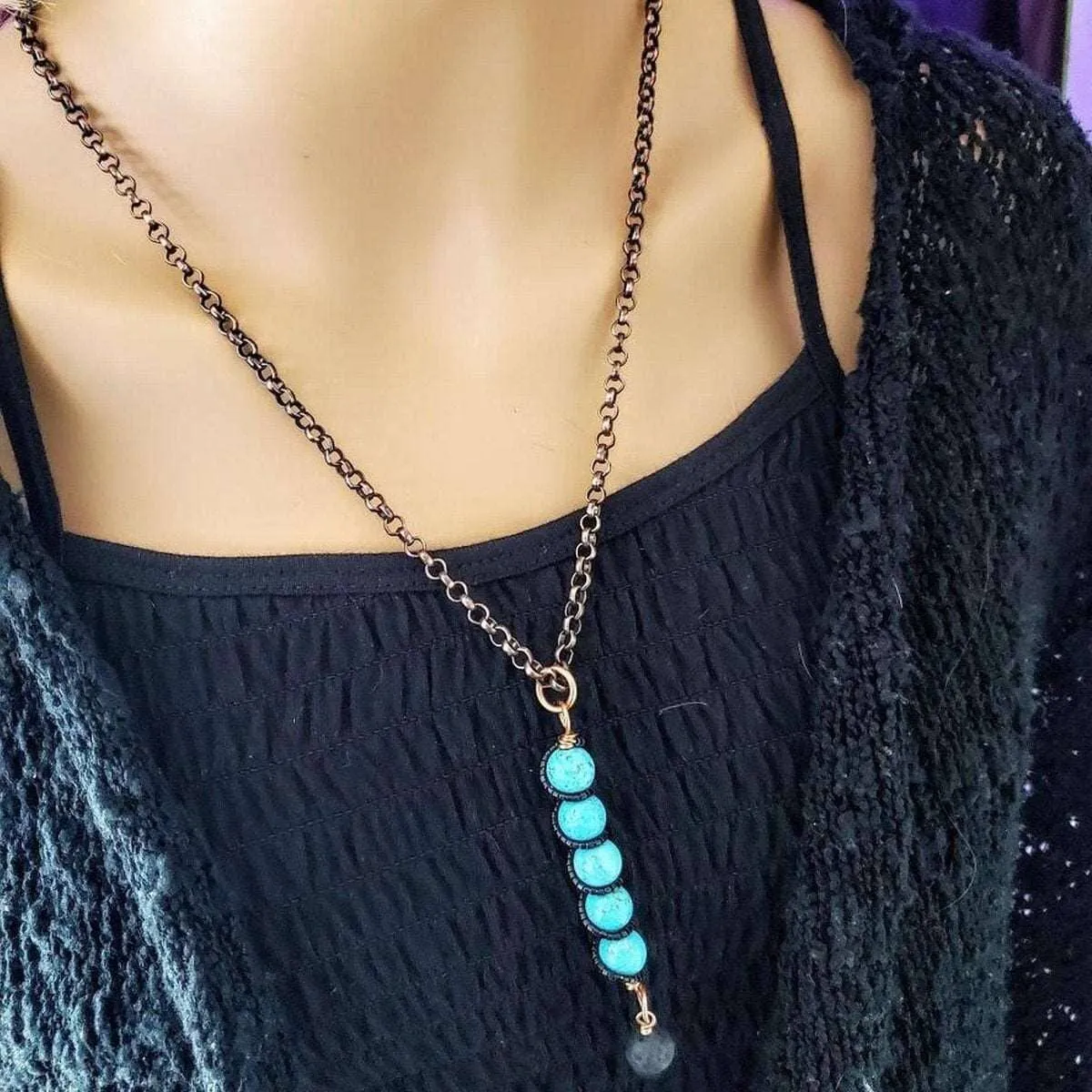 Copper Spiral Turquoise Stick Pendant With Essential Oil Lava Rock Bead Charm