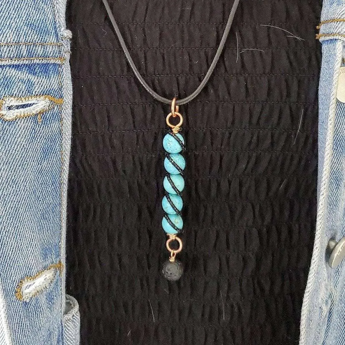 Copper Spiral Turquoise Stick Pendant With Essential Oil Lava Rock Bead Charm