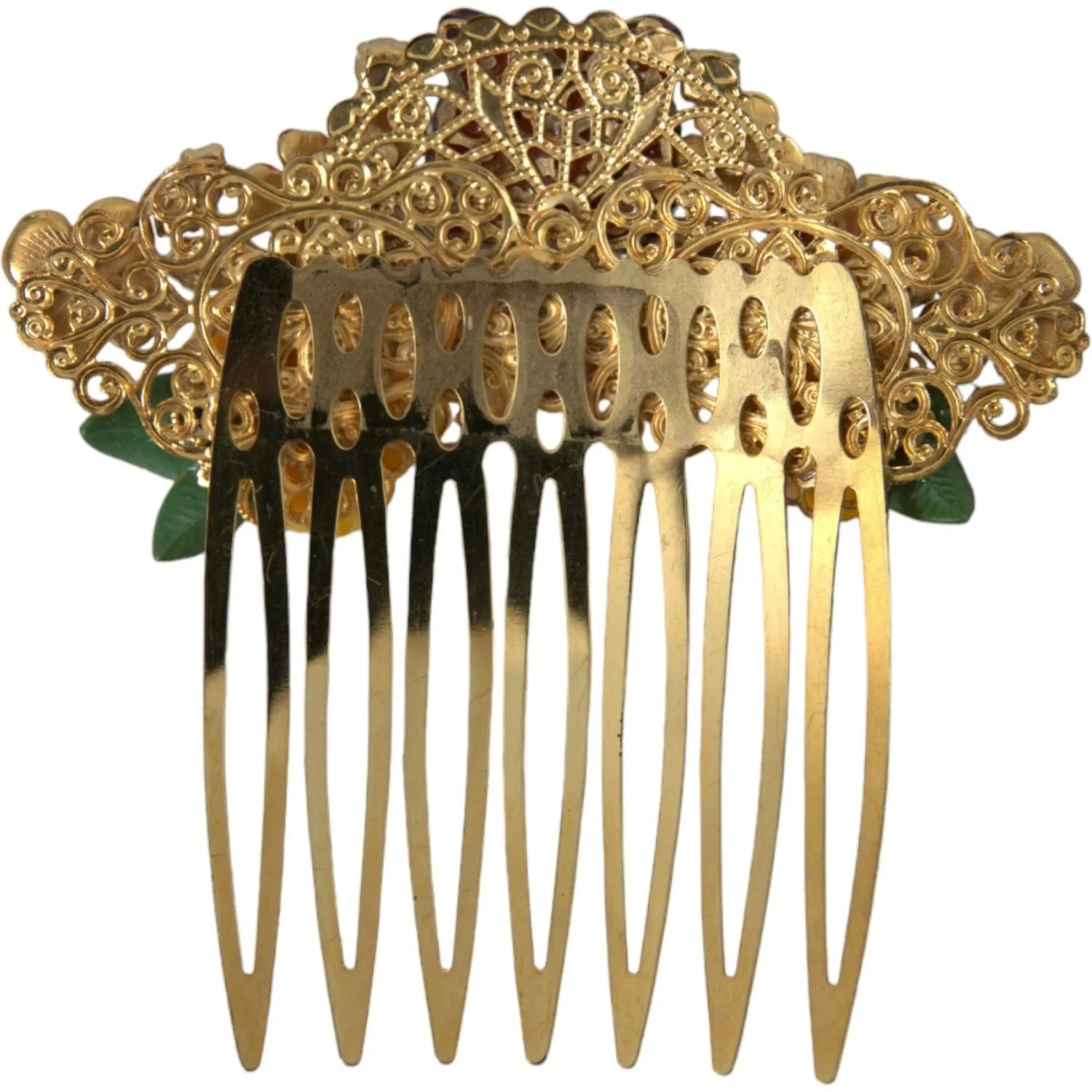 Dolce & Gabbana Gold Brass Crystal Leopard Floral Hair Comb