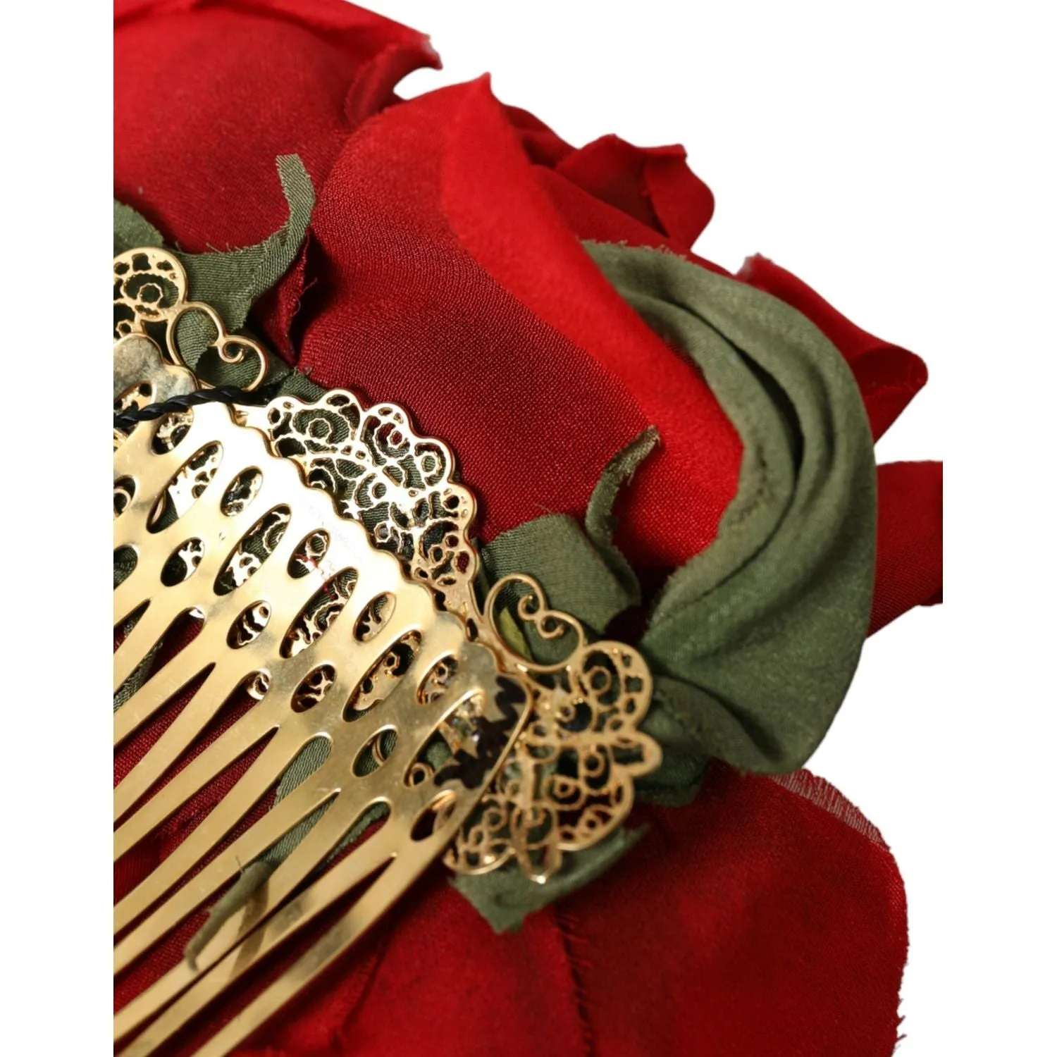 Dolce & Gabbana Red Silk Floral Gold Brass Women Hair Comb