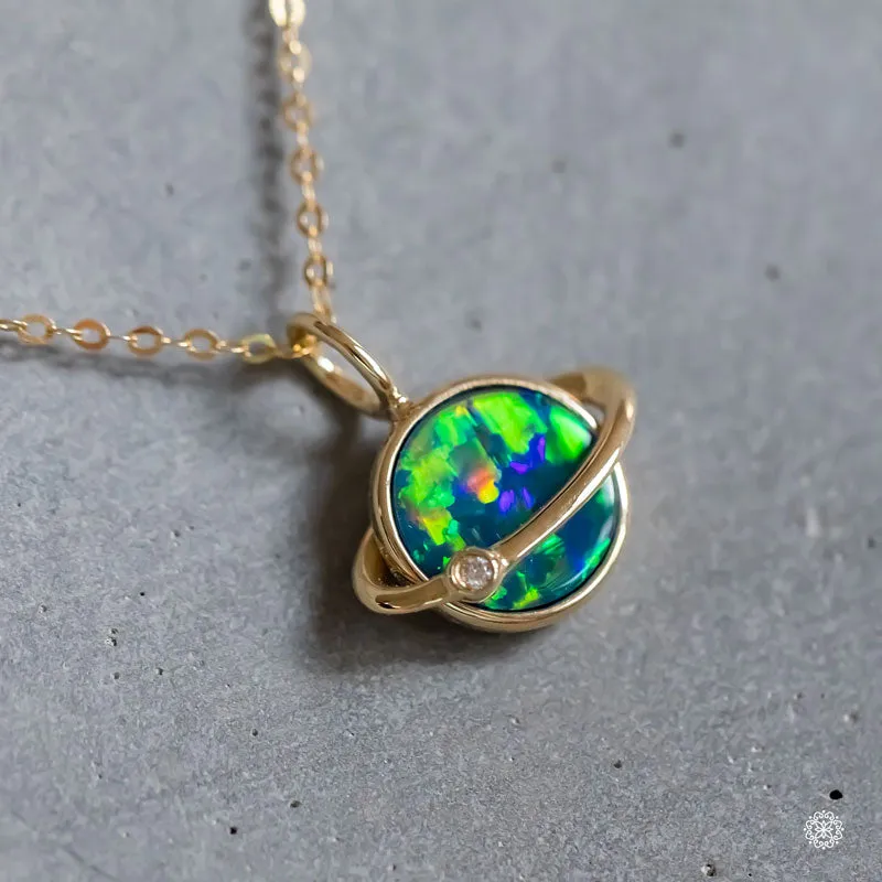 Earth Moon Design Doublet Opal & Diamond Pendant Necklace 18K Yellow Gold