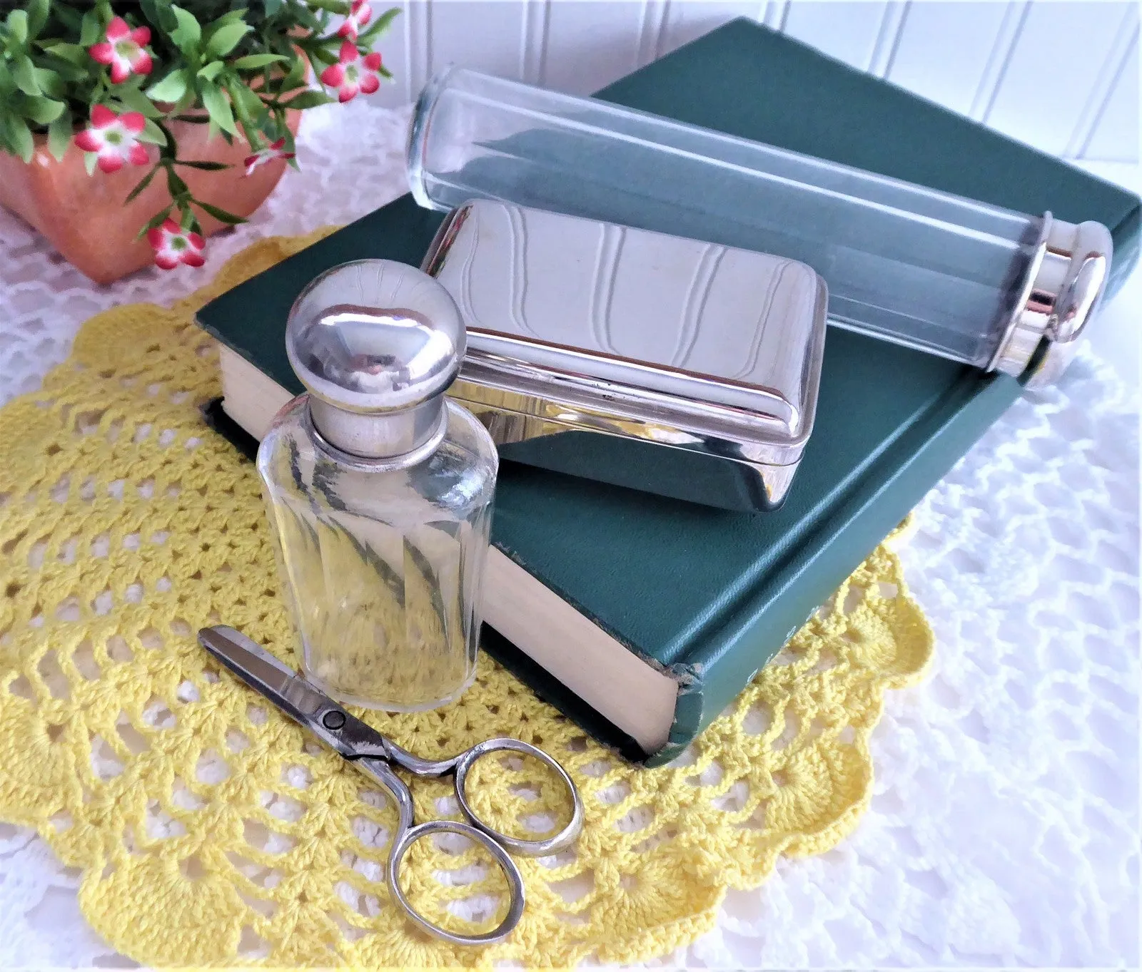 Edwardian Vanity Case Items Chrome 4 Items Glass Bottles Soap Box Scissors Travel