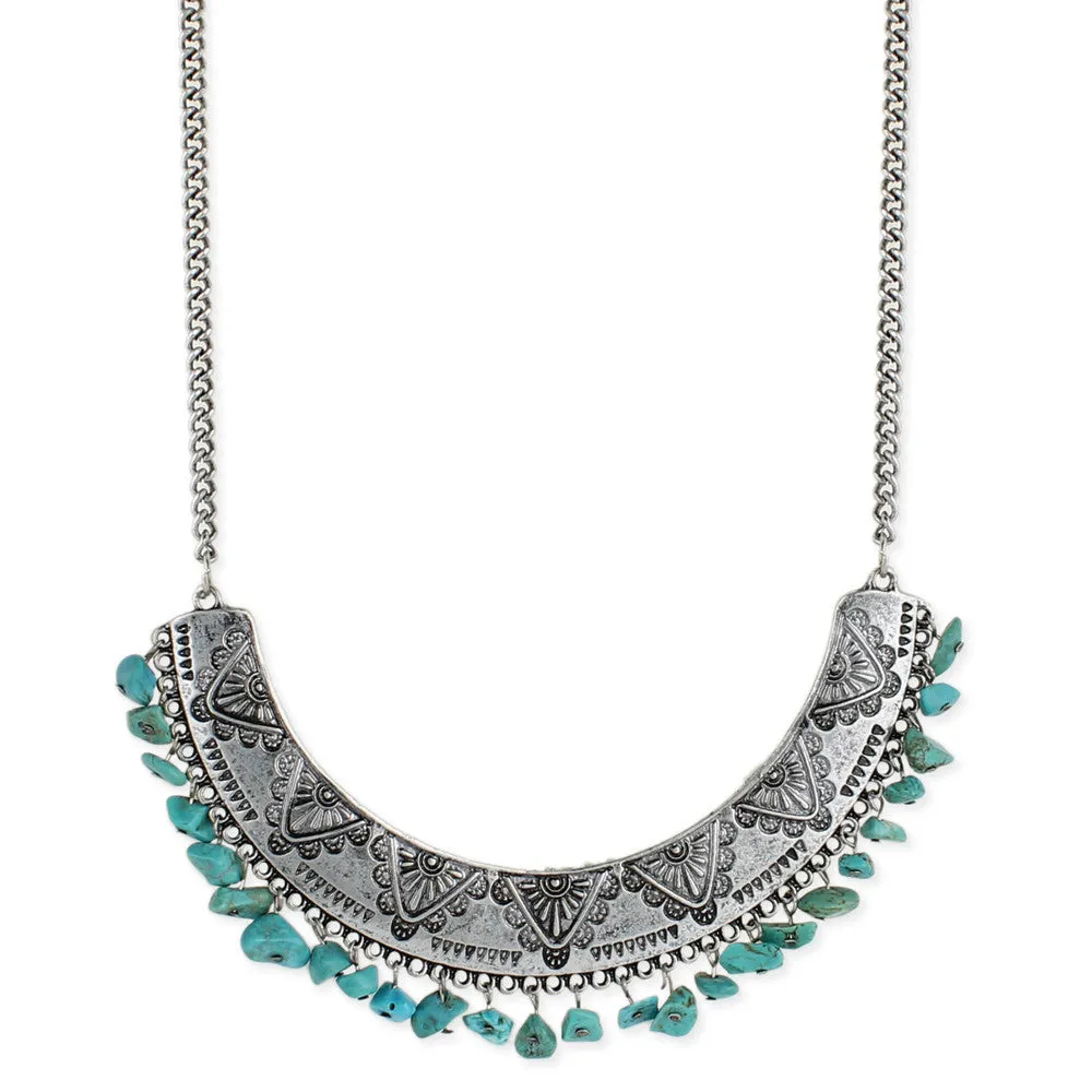 Embossed Bib Turquoise Chips Necklace