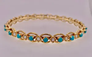 Estate 14K Gold Turquoise & Pearl Bangle Bracelet