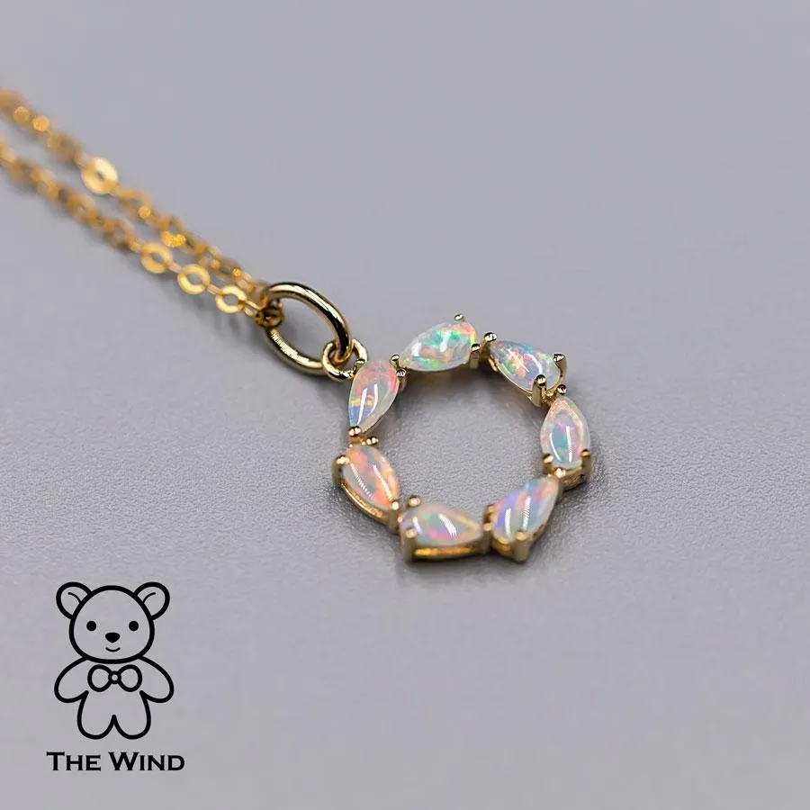 Eternity Love Australian Crystal Opal Circle Necklace Pendant 14K Yellow Gold