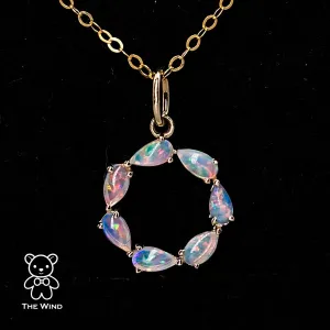 Eternity Love Australian Crystal Opal Circle Necklace Pendant 14K Yellow Gold