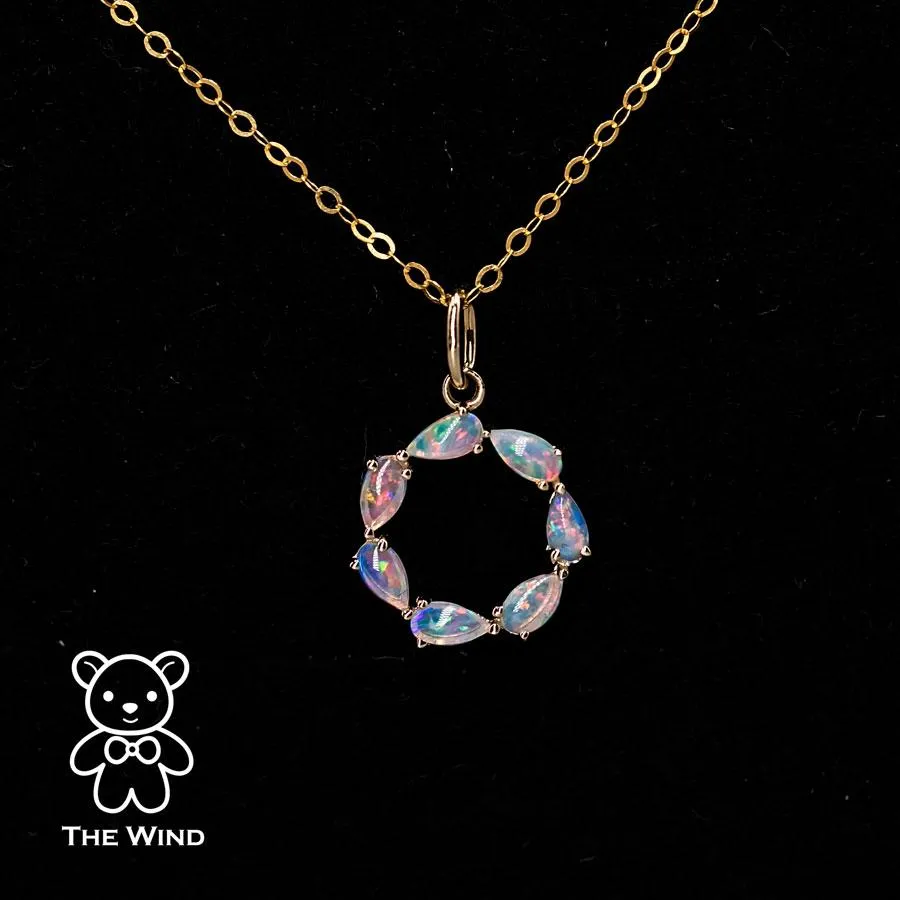 Eternity Love Australian Crystal Opal Circle Necklace Pendant 14K Yellow Gold