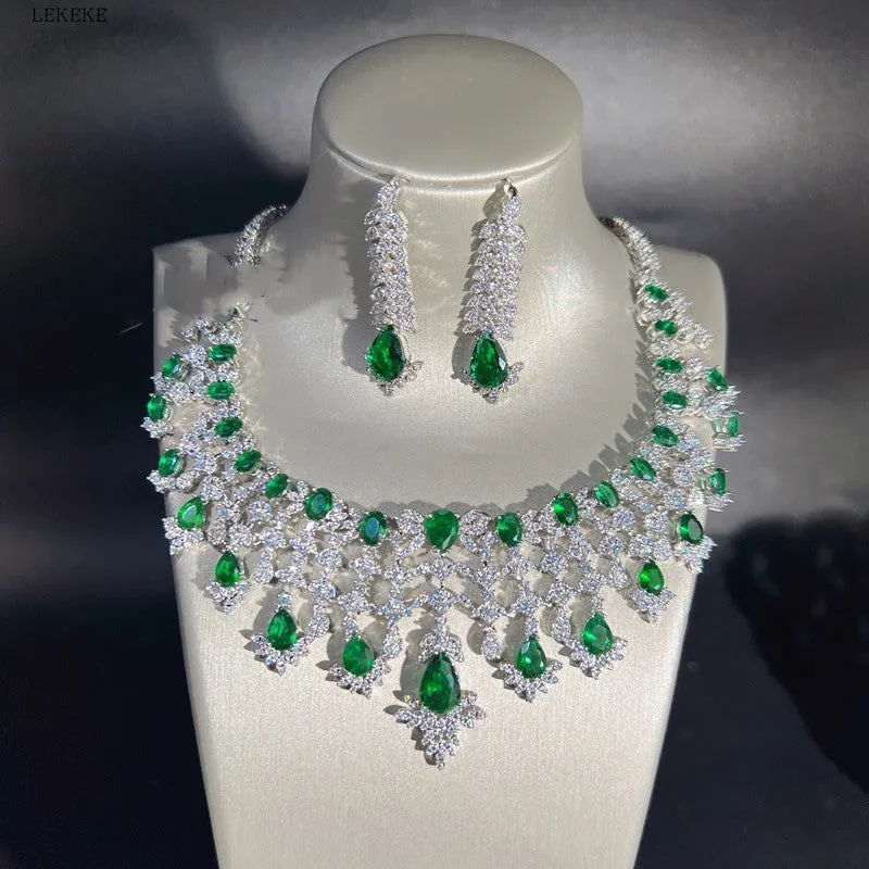 Exquisite Green Waterdrop Zircon Jewelry Set – Four-Piece Necklace, Earrings, Ring & Bracelet for Elegant Occasions