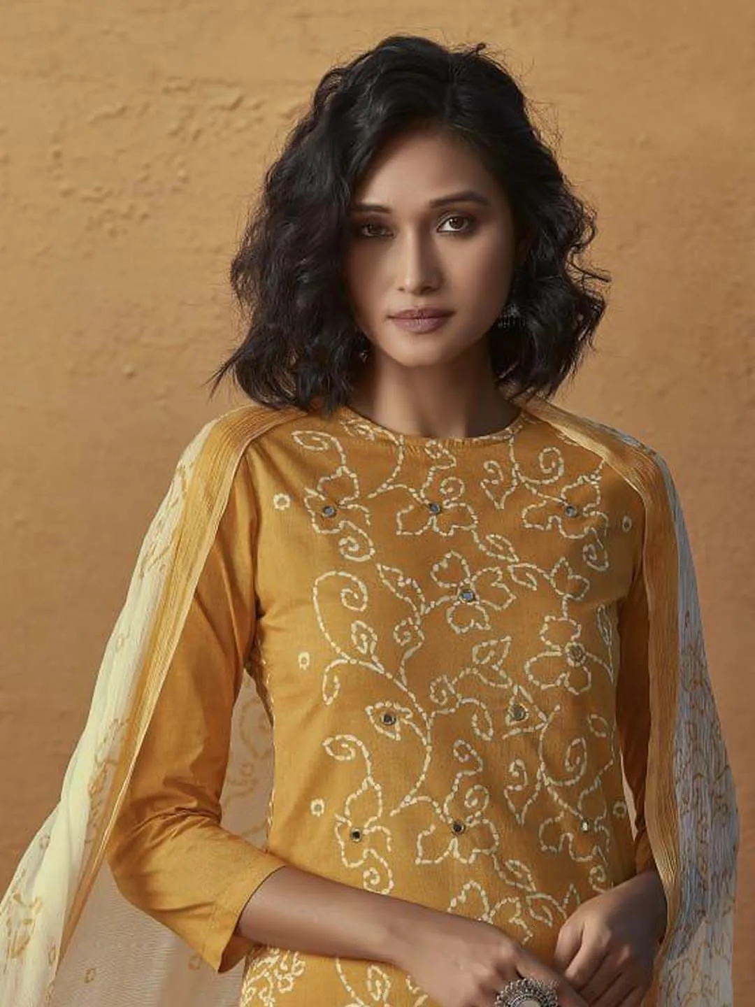 Exquisite Yellow Unstitched Cotton Digital Print Suit With Mirror Work