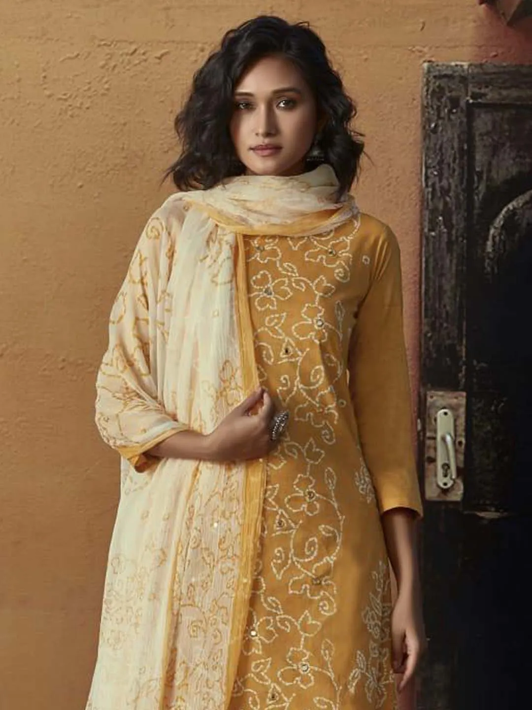 Exquisite Yellow Unstitched Cotton Digital Print Suit With Mirror Work