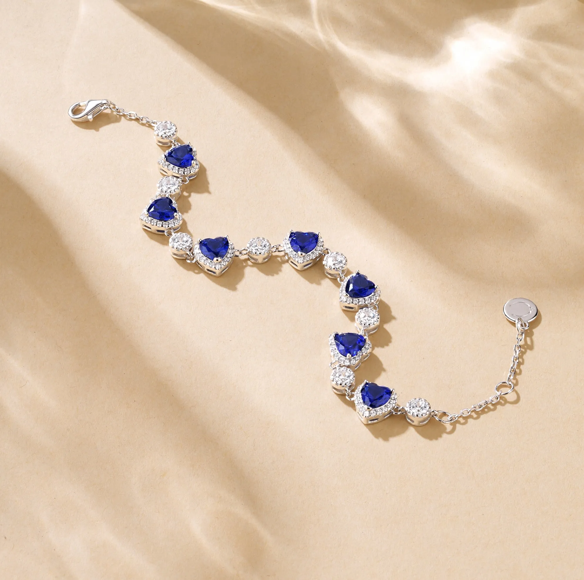 FANCIME "Ms Charming" Halo Heart Sapphire Sterling Silver Tennis Bracelet