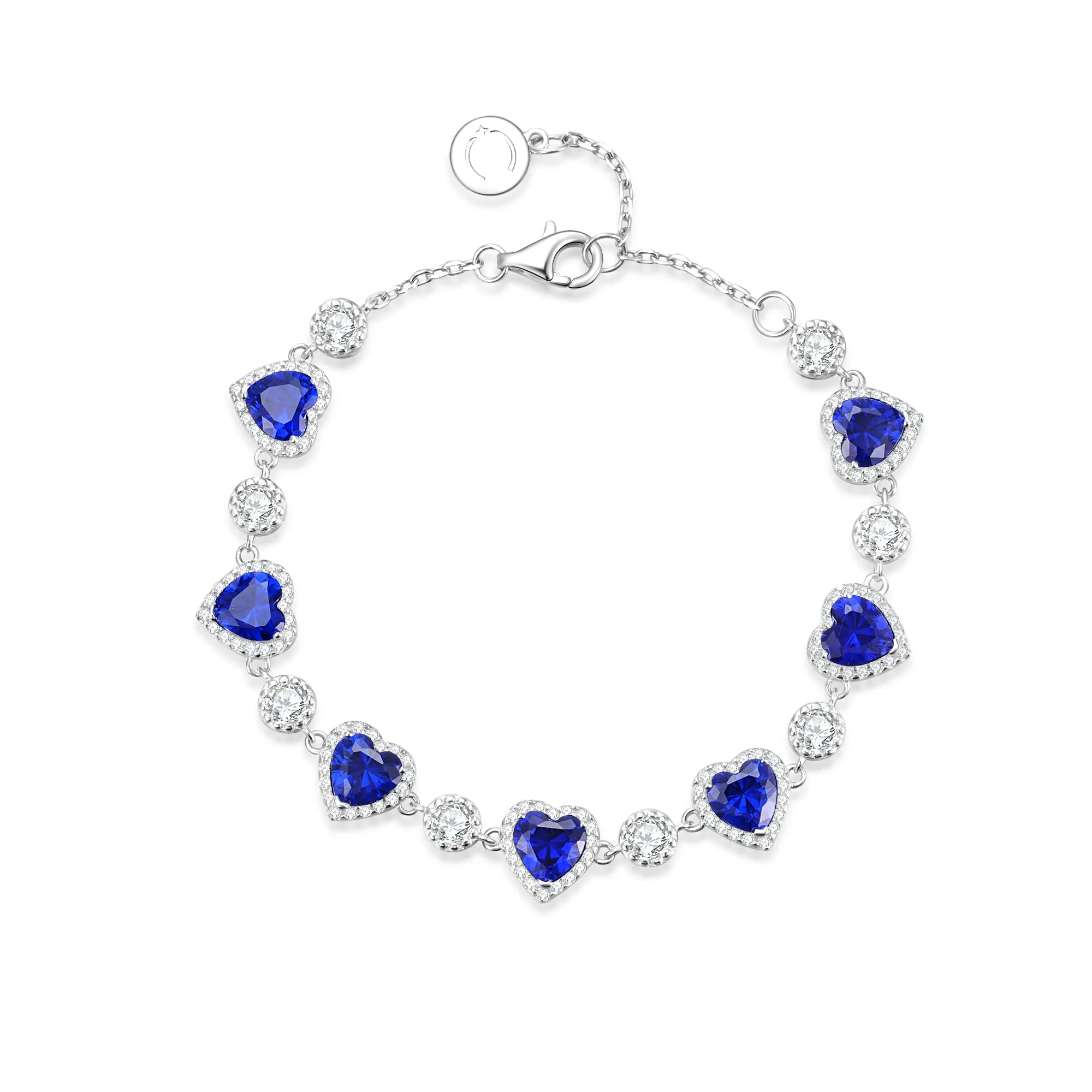 FANCIME "Ms Charming" Halo Heart Sapphire Sterling Silver Tennis Bracelet