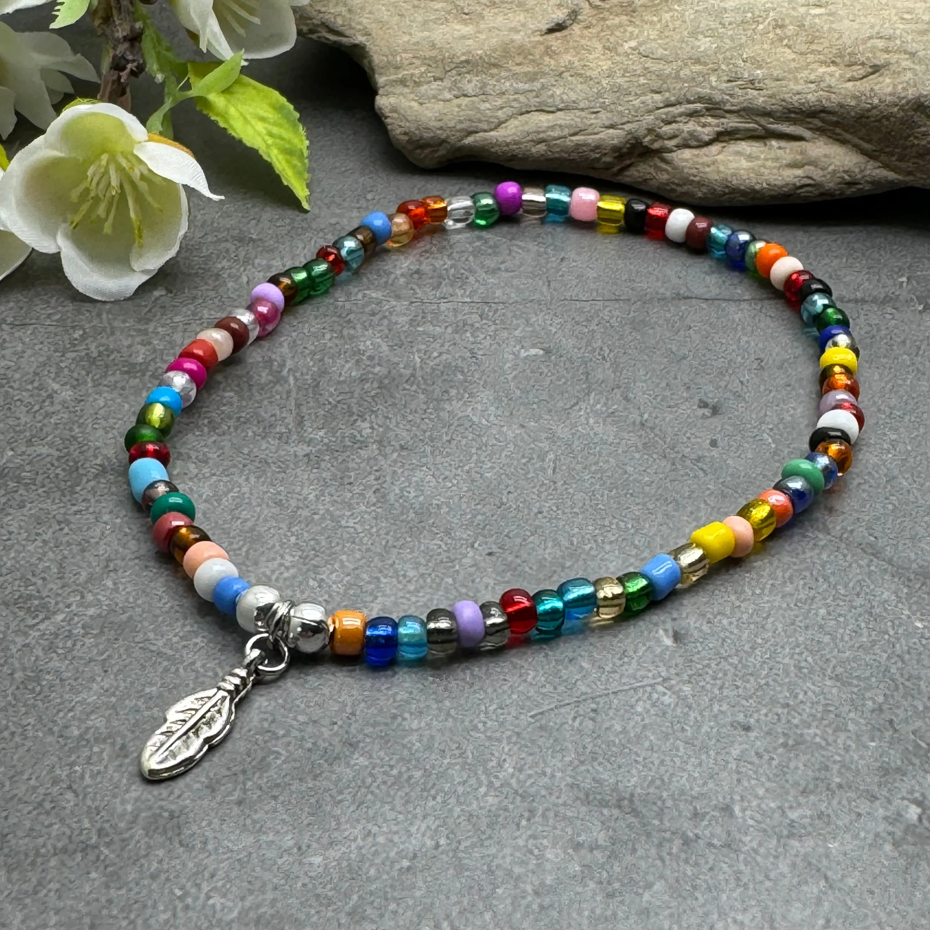 Feather Charm Seed Bead Anklet - Colour Choice