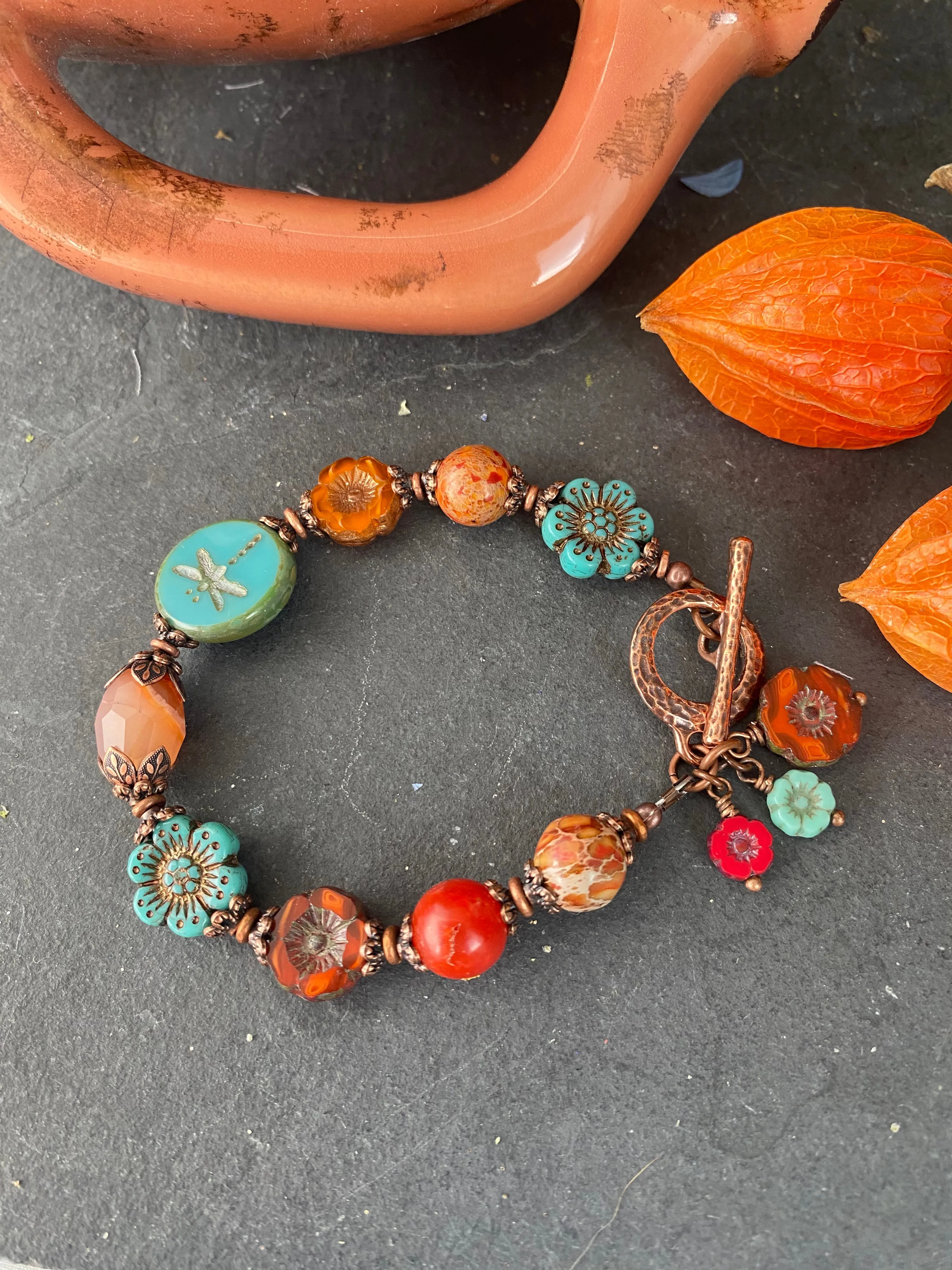 Flower Czech glass in turquoise, orange jasper, agate, bracelet, KIT