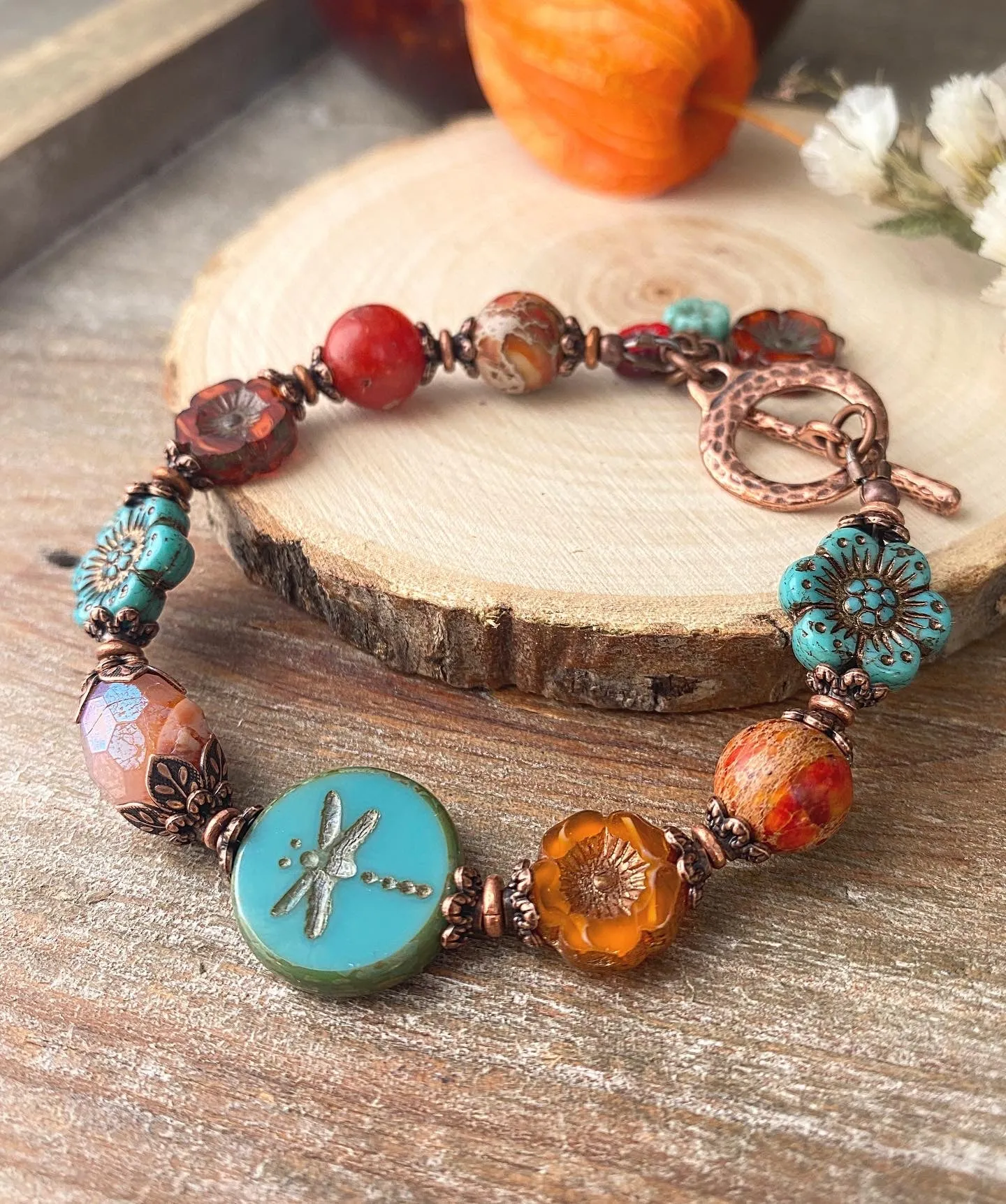 Flower Czech glass in turquoise, orange jasper, agate, bracelet, KIT