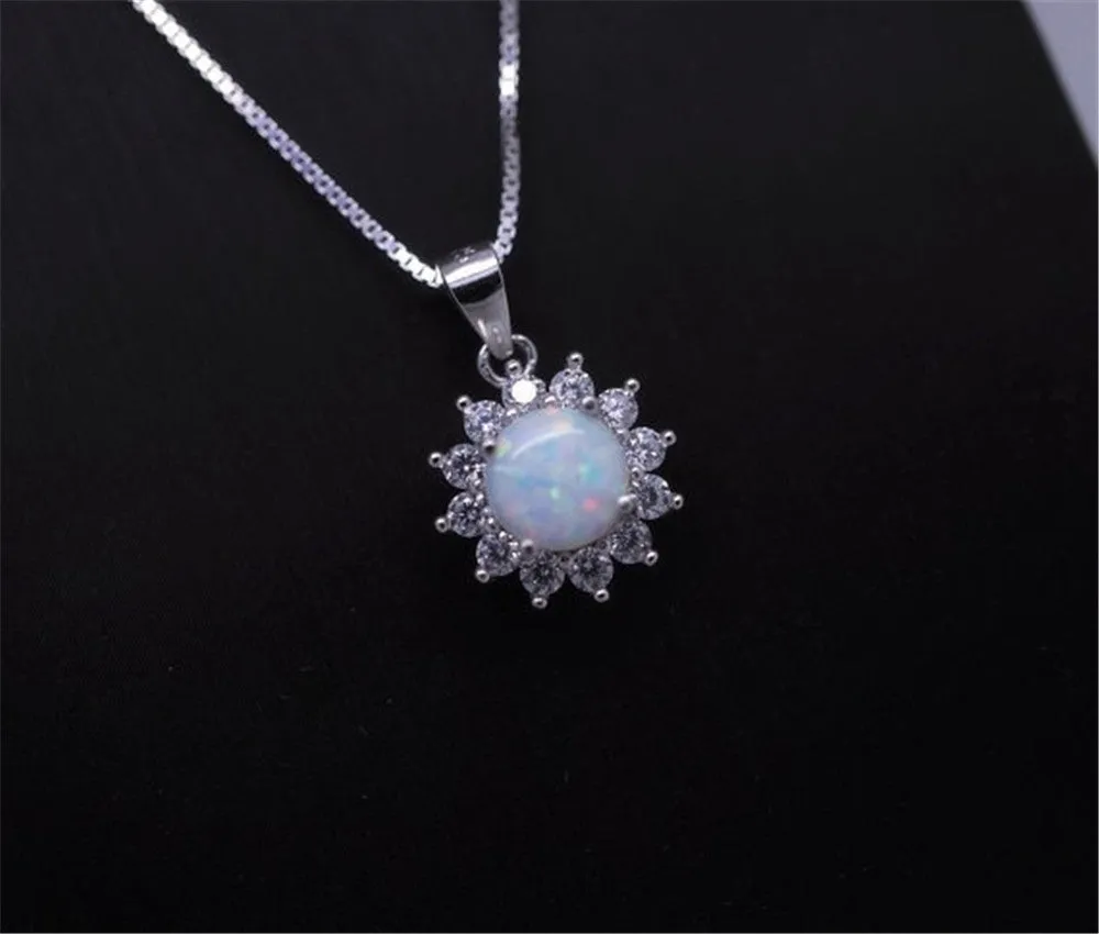 Flower Shaped Diamond Opal Pendant Necklace