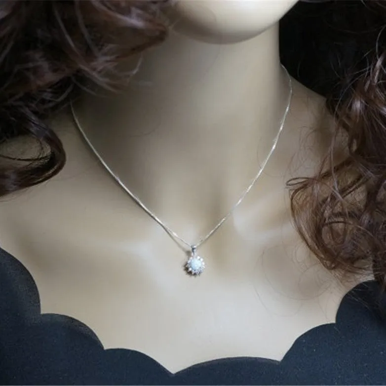 Flower Shaped Diamond Opal Pendant Necklace