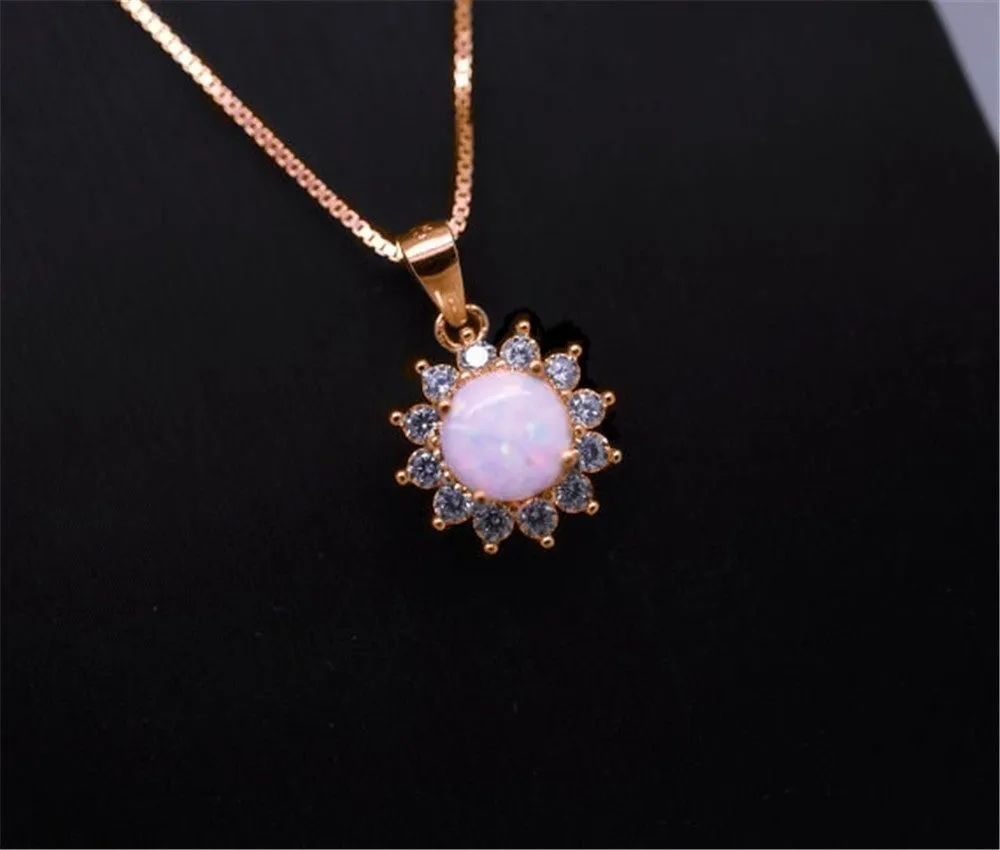 Flower Shaped Diamond Opal Pendant Necklace