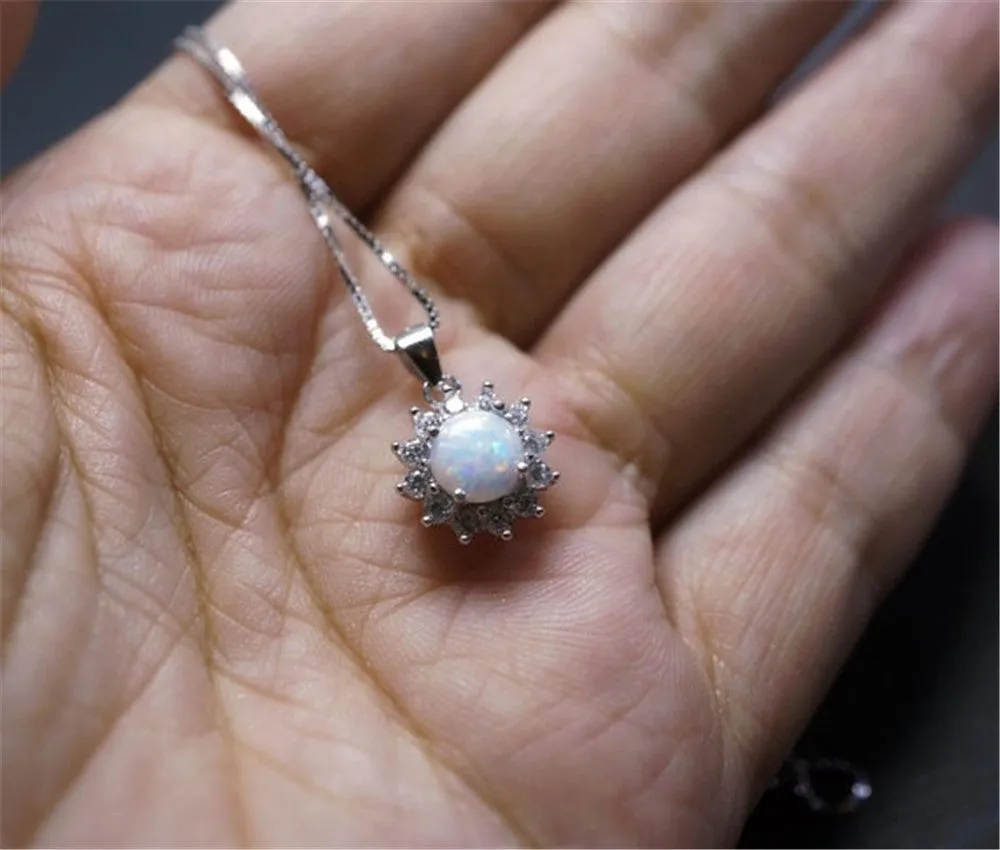 Flower Shaped Diamond Opal Pendant Necklace