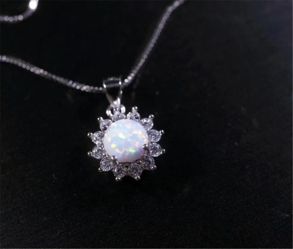 Flower Shaped Diamond Opal Pendant Necklace