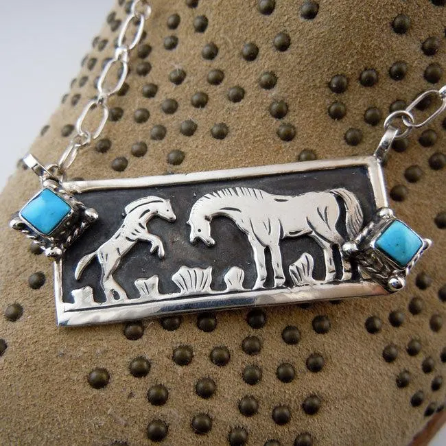 Foal and Mare Playing Bar Necklace Sterling Silver Turquoise