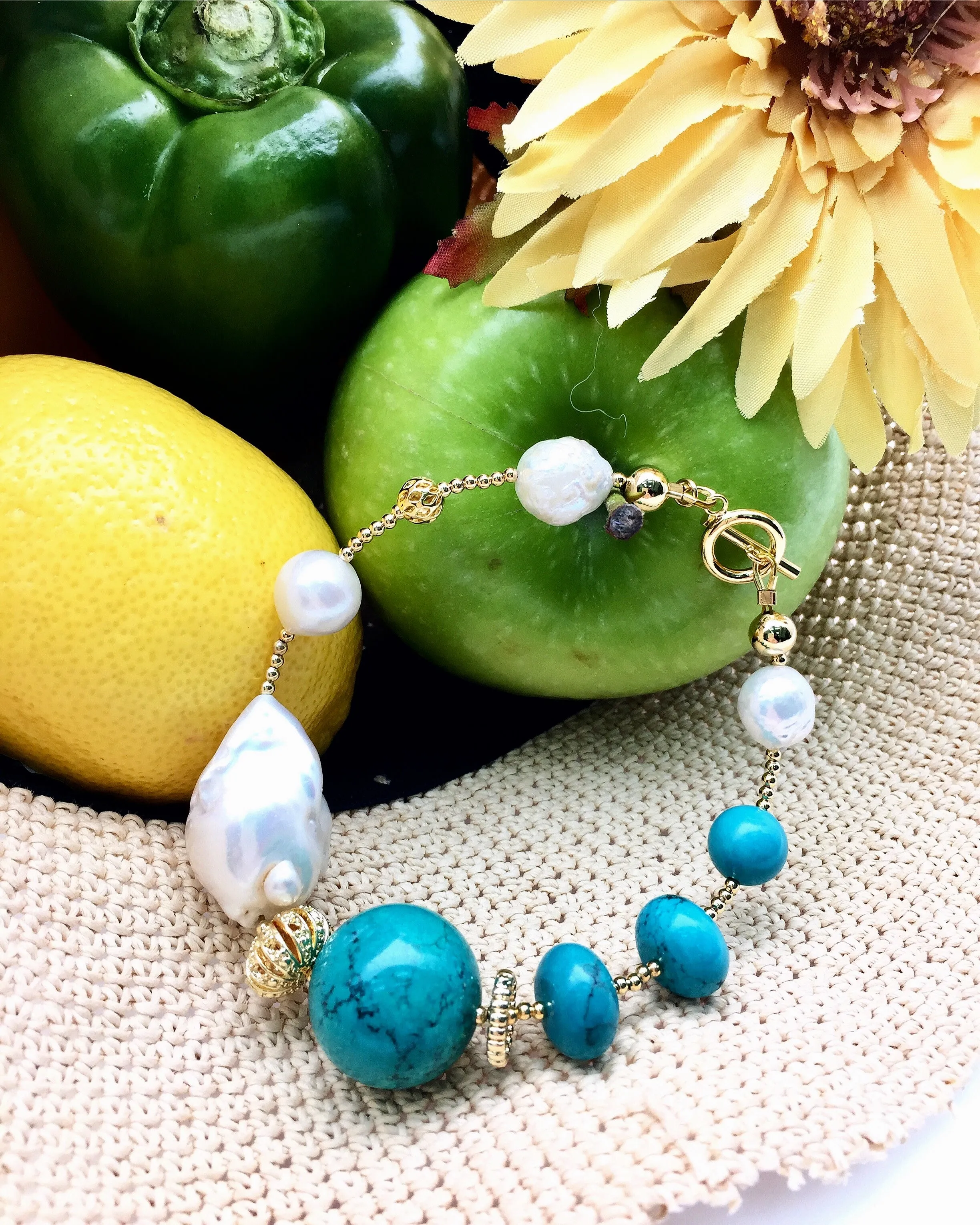 Freshwater & Turquoise With Baroque Pearls Bracelet CB006