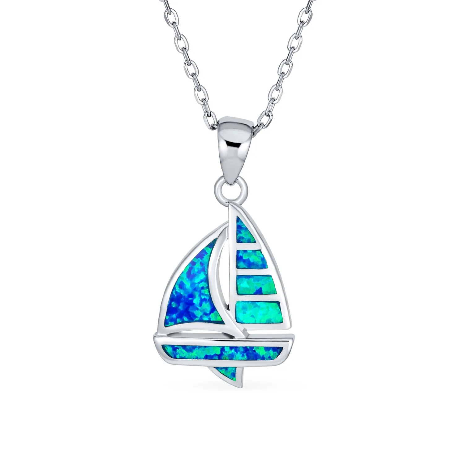 Gemstone Blue Opal Nautical Boat Sailboat Necklace .925 Sterling Silver