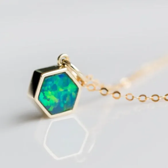 Geometric Art Hexagon Australian Doublet Opal Pendant Necklace 14k Yellow Gold