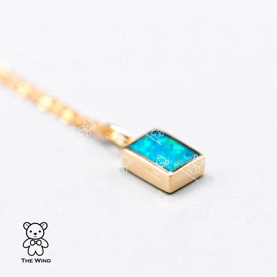 Geometric Pattern Rectangle Australian Doublet Opal Necklace 14k Yellow Gold